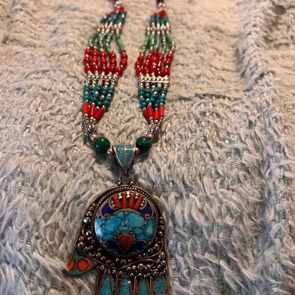 Lovely Unique Ethic Tibetan Silver Necklace With Natural Stones , Amber Coral